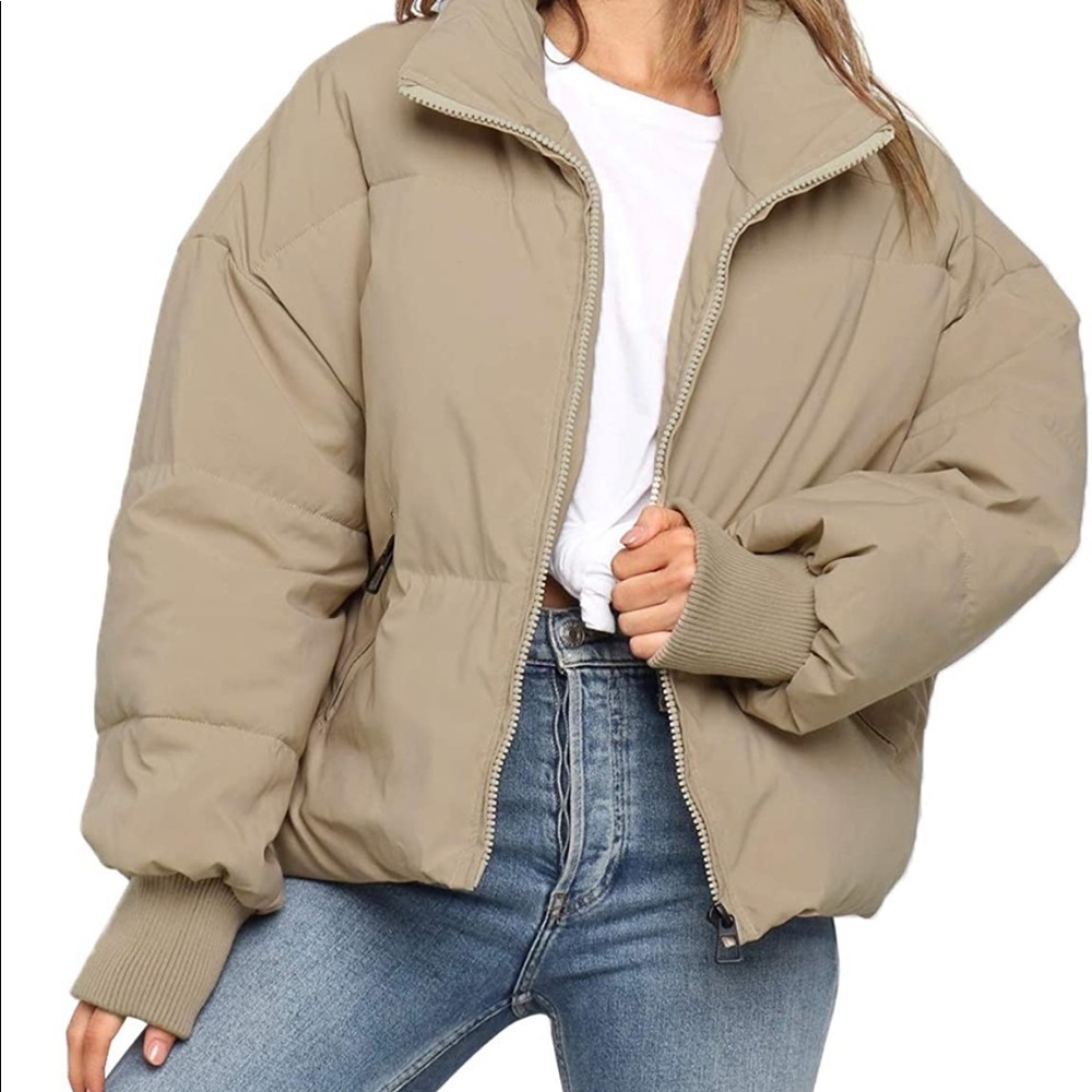 Womens puffer coat Khaki long sleeve zip puffer jacket baggy shirt down coat